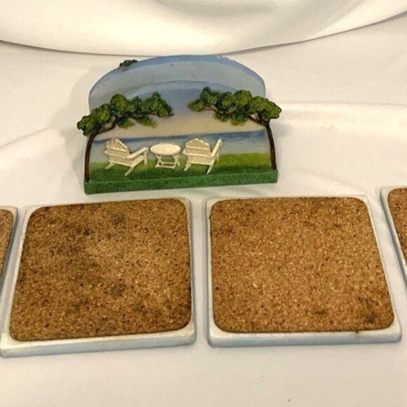 Hand Painted Resin 3D Chair Beach View Set, Stand with 4 Coasters, A. Richesco - Picture 4 of 10